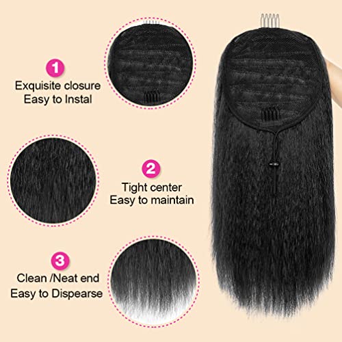 Modsight Yaki Straight Ponytail Extension For Black Women, 14 Inch Black Fluffy Thick Synthetic Yaki Ponytails, Drawstring Yaki Ponytail For Black Women Girls (Natural Black 1B) #TOP3