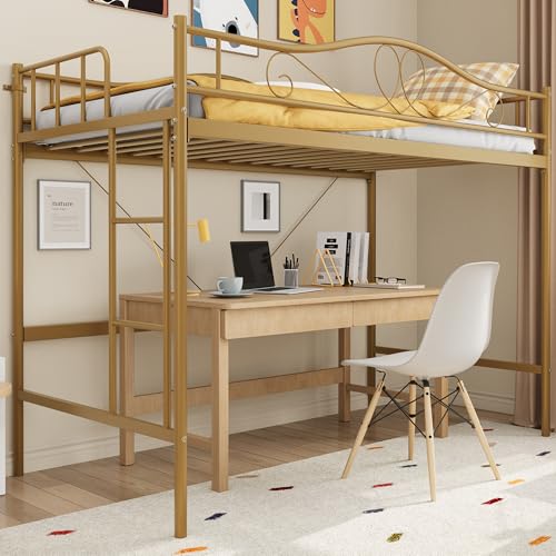 GAOMON Twin Loft Bed with Adjustable Ladder & Full Safety Guardrail, Loft Bed Twin Heavy-Duty Metal Frame 400 Lbs Weight Capacity, Space Saving, No Bo