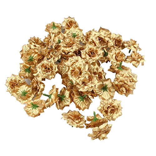 Luoem - Flor artificial dorada, de seda: Cabezas de rosas para decorar bodas, sombreros, vestidos, álbumes; en paquete de 50 unidades