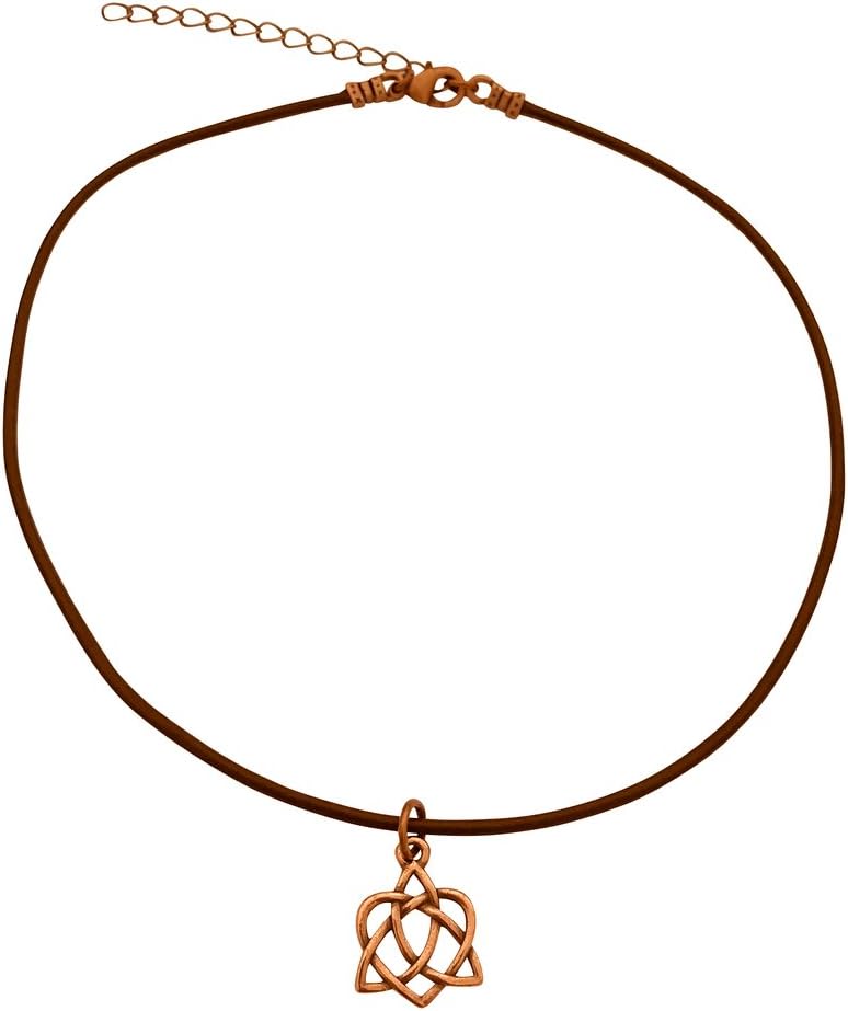 DragonWeave Celtic Heart Open Knot Charm Necklace & Earring Set, Antique Copper Brown Leather Adjustable