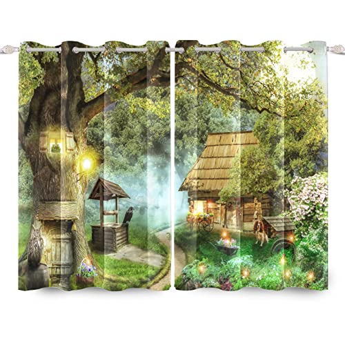 SDOTPMT 117x183cm Magic Tree Window Curtains Wooden House Foggy Forest Lantern Fairytale Window Drape Farm Natural Scenery Window Treatment for Kids Living Room Bedroom Blackout Curtain - Image 3