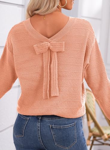 Image of EVALESS Sweaters for Women Long Sleeve Fall Outfits 2026 Back Bow Knot Sweaters Round Neck Solid Knit Pullover Tops