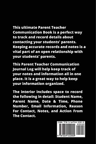Parent Teacher Communication: Teachers Student Contact Log, Record Information Book, Email, Phone, Or In-Person Meetings & Conferences Notes Pages, Logbook, Journal