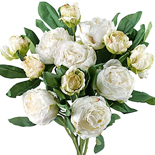 Image of FiveSeasonStuff Vintage White Peonies - Realistic Artificial Silk Flowers with Dry-Look Petals, 6 Stems for Rustic Home & Wedding Bridesmaids Bouquet Bridal Showers