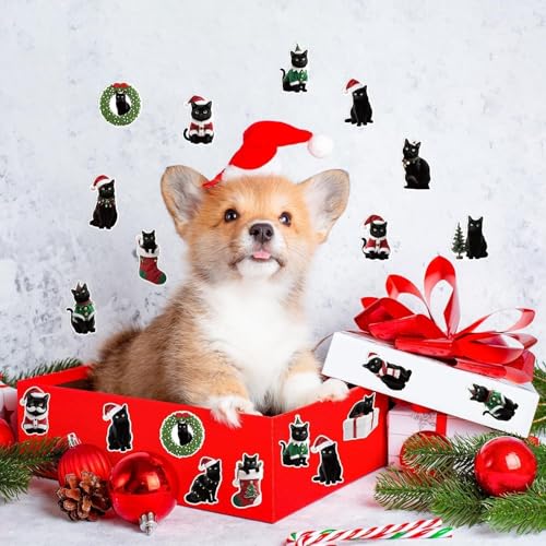 Image of Christmas Black Cat Stickers - 600 Pcs Christmas Black Cat Waterproof Vinyl Reusable Laptop Stickers Coloring Book Scrapbook Water Bottle Page Activity Pad Party Favors Skateboard Giftwrap