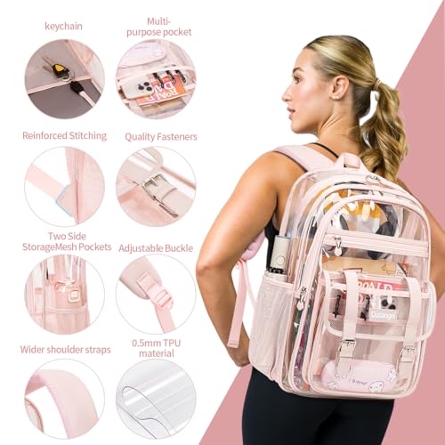 Image of Pink Big Clear Backpack Heavy Duty For Lady,18in XL TPU Bookbag 15Age+ Girl | See Through plastic Stitch durable Design 5-Pocket For School Adults work Warehouses Airport security quick check Adults bag