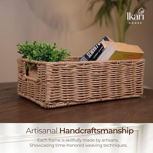 Image of Ikari Homes Rectangular Woven Raffia Basket, Natural Decorative Storage Tray I Boho decor storage vanity basket I Gifting Basket I Sustainable organisor Storage Basket (Large 12 in x 8 in)