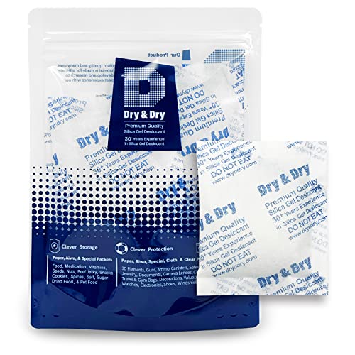Image of Dry & Dry 50 Gram [100 Packets] Silica Gel Packets Desiccants, Silica Packets - Rechargeable Moisture Absorbers for Food Storage, Electronics, 3D Filament & Safes