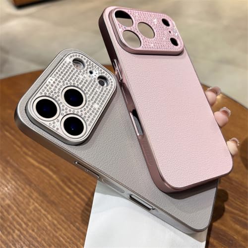 Coque iPhone 16 Pro luxe en cuir PU avec contour d'objectif strass doré chic