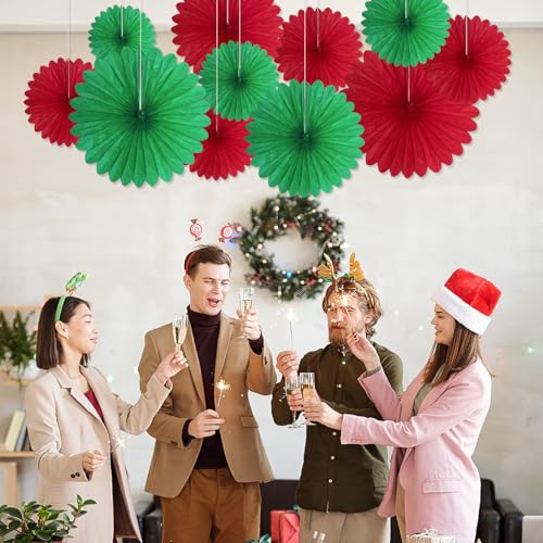 Image of 20 Pcs Red Green Hanging Paper Fan, Hanging Honeycomb Round Paper Fans for Weddings, Birthdays, Christmas, Baby Showers, Classroom, Events Ceiling Party Supplies Decorations
