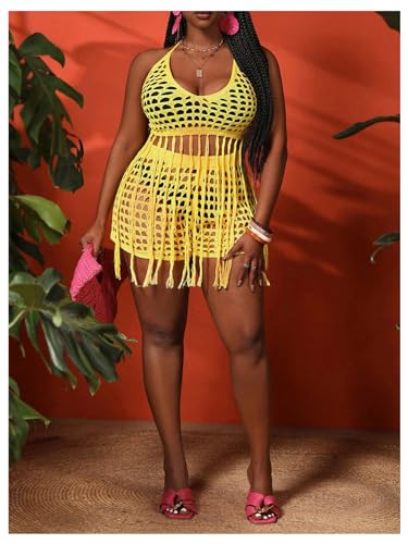 BEAUDRM Women's Plus Size 2 Piece Crochet Swim Cover Up Set Fringe Hem Halter Beach Top and Shorts Coverups Beachwear Yellow 1XL