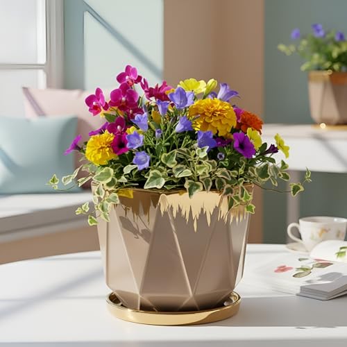 Image of Xtore Elegant Faceted Ceramic Planter with Metallic Rim & Drain Tray | Contemporary Decorative Pot for Living Room, Desk & Balcony Styling (Pack of 1, Planter only)