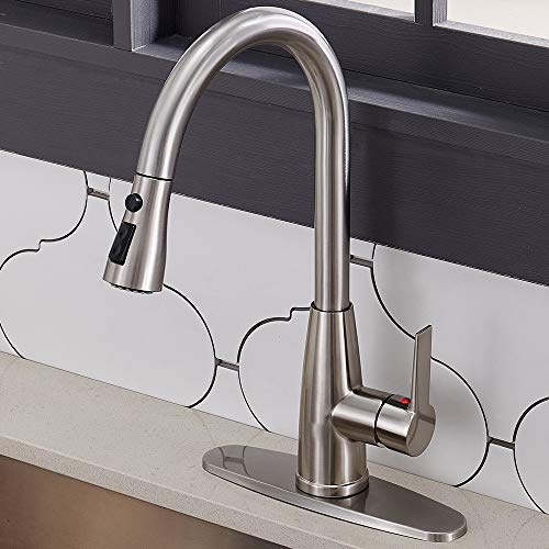 Hotis Single Handle Stainless Steel Prep Sprayer Pull Out Pull Down Sprayer Kitchen Sink Faucet, Brushed Nickel with Deck Plate - Thumbnail 2