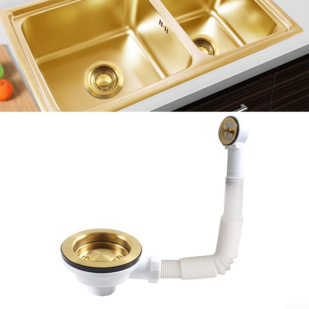 Feegow Colador de desagüe para fregadero de cocina con acabado dorado, 114 mm, chapado en oro, con desbordamiento, antiobstrucción