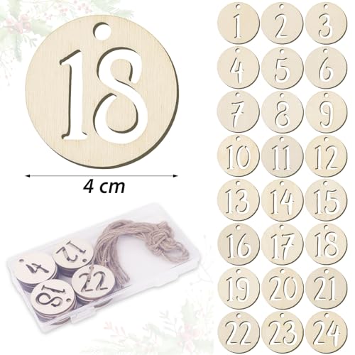 BETESSIN Adventskalender Zahlen Holz - Holzzahlen 1-24 für Adventskalender zum Basteln - runde Holzanhänger mit ausgestanzten Zahlen für Weihnachtskalender, Weihnachtsdeko, Geschenkanhänger (4 cm ø)
