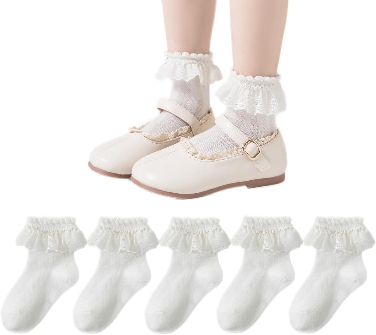 Yenzat Little Girls Eyelet Lace Socks for Toddler Ruffle Dress Socks 5 Pairs
