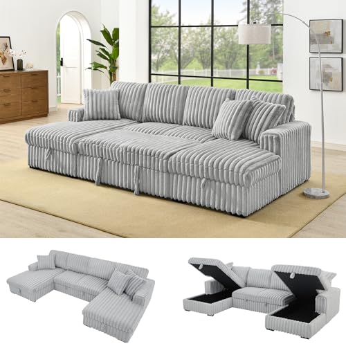 RENDGO 122' Oversized Corduroy U Shaped Sectional Sleeper Couch with Double Storage Chaise,Gifts for Men Women, Pull Out Sofa Bed for Apartment Grey