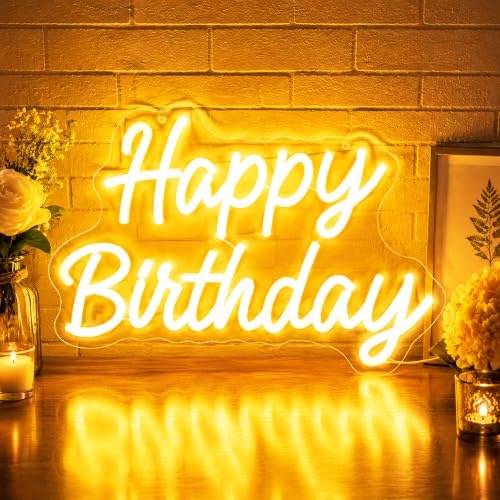 Image of Happy Birthday Neon Sign for Wall Decor - LED Happy Birthday Light Up Sign with Party Flags, USB Powered Dimmable Neon Word Light for Party Backdrop Cake Table, Warm White