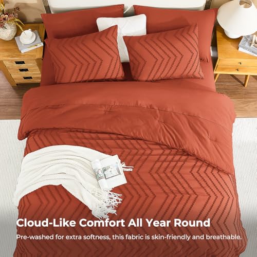 Image of Litanika Oversized King Size Comforter Set with Sheets Burnt Orange - 7 Pieces Bed in a Bag Oversized King Boho Tufted Complete Bedding Sets with Comforter, Sheets, Pillowcases & Shams