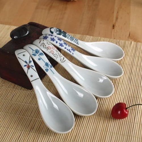 Vlwmスプーン 陶磁器 おしゃれなスプーン レンゲ 5点セット 5つ花柄 キッチン用品 陶製 手造り 和風 レストラン和食器 飲食店 レストラン用 業務用