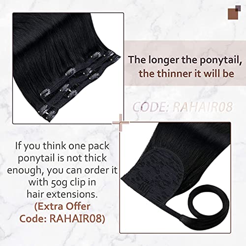 Runature Jet Black Human Hair Ponytail Extension Brazilian Straight Ponytail Hair Extensions Human Hair Full Ends Natural Wrap Around Ponytail Human Hair Extensions With Magic Paste Short Hairpiece 12 Inch 70G #TOP6