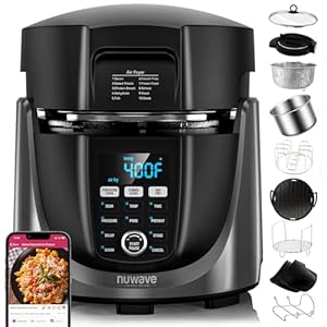 Nuwave Duet Air Fryer, Electric Pressure Cooker & Grill Combo, 540 IN 1 Multicooker with 3 Removable Lids that Slow Cook, Sears, Sautés, 18/10 SS Pot, Sure-Lock Safety Tech & 10 Deluxe Accessories
