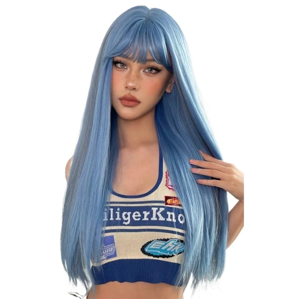 Białe, długie, syntetyczne peruki z grzywką, gładka peruka , cosplay, białe włosy, syntetyczne, odporne na wysokie temperatury, do codziennego użytku na imprezach (kolor niebieski)