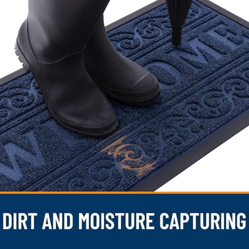 Image of OLANLY Welcome Door Mat Indoor Outdoor Entrance, Heavy Duty Sturdy Front Door Mat, Waterproof All-Weather Doormat, Stain Resistant, Low Profile, Easy Clean Patio Entryway Mat, 59 x 35, Navy Blue