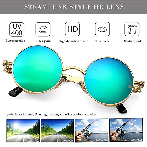Hjstes Vintage Round Steampunk Sunglasses For Women Men Circle Gothic Glasses Retro Metal Frame(Green Mirror/Gold Frame) #TOP3
