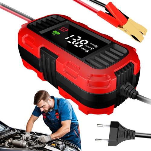 Cargador de batería de motocicleta, cargador de mantenimiento para motocicleta, cargador de mantenimiento de automóviles de 12 V | batería de coche inteligente versátil con pantalla digital para