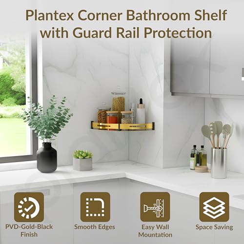 Image of Plantex Bathroom Corner Rack for Wall /Stainless Steel Shelf for Bathroom Corner with Railings /Bathroom Accessories Holder (12x12 inches, PVD Gold & Black)