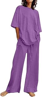 Summer Outfits for Women 2 Piece Cotton Linen Set Boyfriend Oversized T Shirts Straight Leg Pant Plus Size Tracksuit