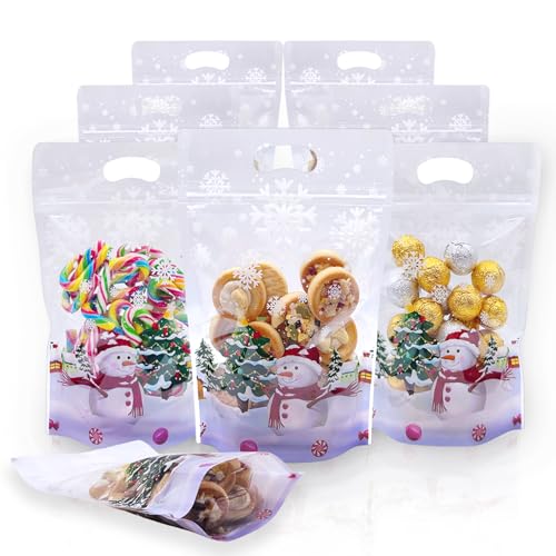 Rikolto Resealable Christmas Zip Lock Bags 50PCS Clear Christmas Cookie Snowman Plastic Sealing Bags with Handles for Xmas Holiday Party Candy Small Gift Wrapping Supplies Decor