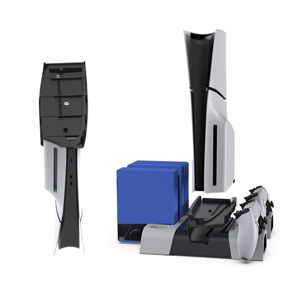 Soporte Multifuncional y Estación de Enfriamiento Consola Para PS5 Slim, Estación de Carga de Doble Mando Compatible con PS5, Cargador de Mando, Almacenamiento de Discos