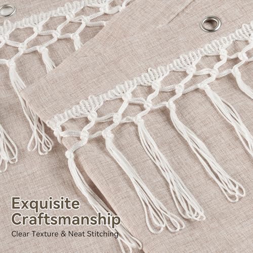Image of AmazerBath Taupe Boho Shower Curtain with Tassels, Linen Textured Farmhouse Shower Curtain Set with 12 Hooks, Washable Water-Repellent Neutral Fabric, 72x72 Inches Tan