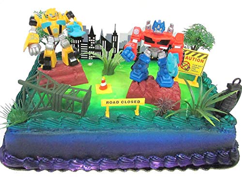 Transformers 10 Piece Birthday Cake Topper Set Featuring Bumblebee and Optimus Prime Figures with Themed Decorative Accessories - Cake Topper Set Includes All Items Pictured