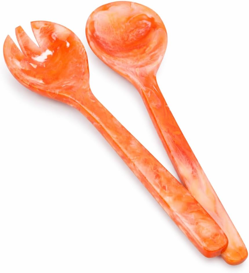 Salad Servers, Resin Salad Tongs, Long Handle Salad Server Set for Mixing, Tossing and Cooking (Salad Spoon and Fork Set) (Orange)