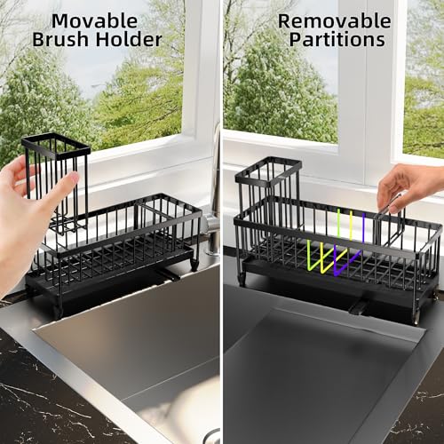 Moforoco Extra Large Kitchen Sink Caddy, Rustproof Sponge Holder for Kitchen Sink with High Brush Holder, Stainless Steel Black Kitchen Caddy Sink Countertop Organizer, Sponge Caddy for Kitchen Sink