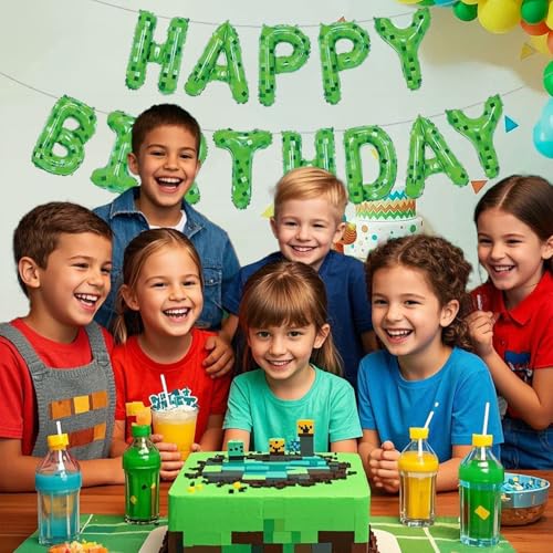 Image of Green Pixel Miner Theme Happy Birthday Balloons Banner 16 Inch Letters, Inflatable Party Decor and Birthday Decorations for Women, Men, Boys & Girls Kids and Adults, Party Supplies