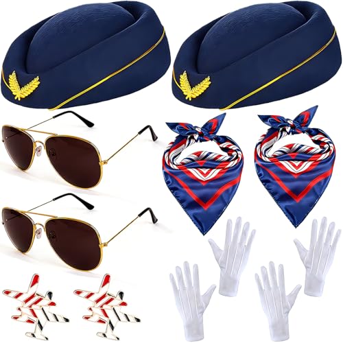 JehaYu 12 Pcs Flight Attendant Costume Accessories Stewardess Costume Flight Attendant Hat Pilot Costume Outfit Pilot Hats Dress Uniform for Stewardess Women Party