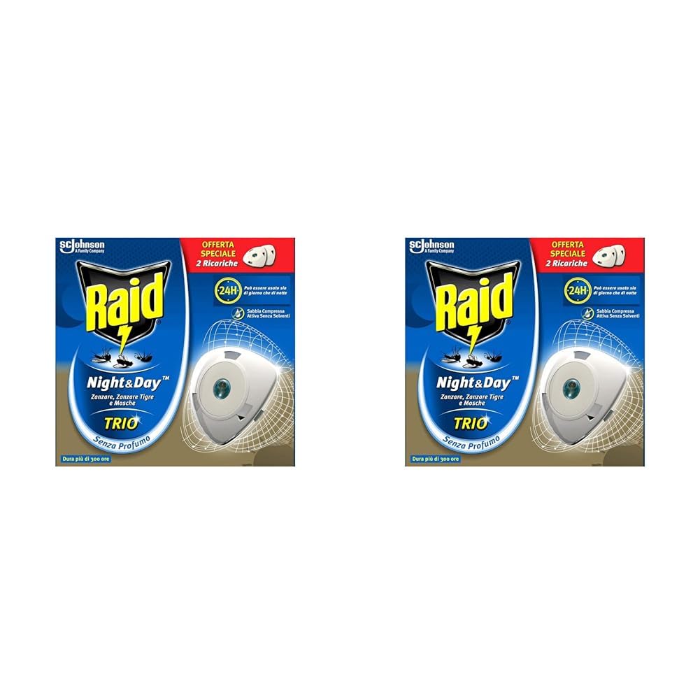 Raid Night & Day Eléctrico - 2 Recambios de insecticida automático contra Mosquitoes, Mosquitos Tigre y Moscas (Paquete de 2)