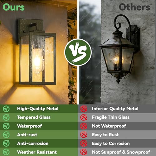 Image of Outdoor Wall Light Fixtures, Waterproof Wall Lantern with Tempered Glass, Hardwired Exterior Wall Sconce in Dark Olive, 12 in Outdoor Porch Light for House Front Door, Patio, Garage, 2-Pack