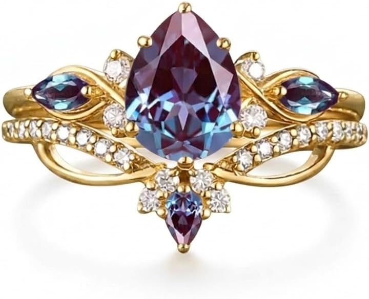 Pear Gemstone Engagement Ring Set for Women 10K 14K 18K Solid Gold 1.5 Carat Vintage Vine Art Deco Birthstone Bridal Wedding Promise Anniversary Rings for Her Wife Gifts