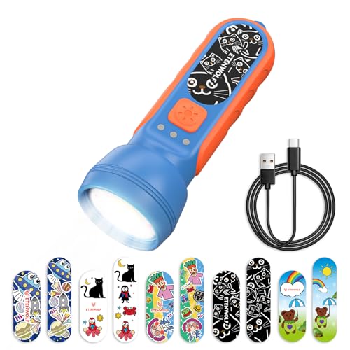 La mejor comparación de Niño Recargado para comprar hoy. 49 ETENWOLF L1 - Linterna recargable para niños, linterna LED con divertidas pegatinas de bricolaje, 6 modos de luz, brillo ajustable, batería de 1500 mAh, linterna impermeable IPX5...