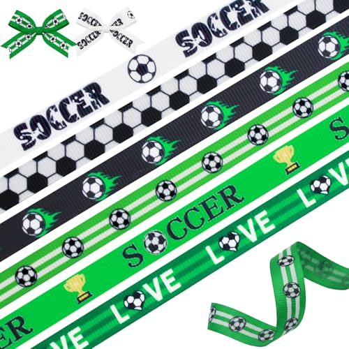 6 Rolls Soccer Sports Themed Ribbon Set 3/8 x 5 Yards Each Perfect for Gift Wrapping Home Decor DIY Crafts Party Supplies Cheerleader Decorations