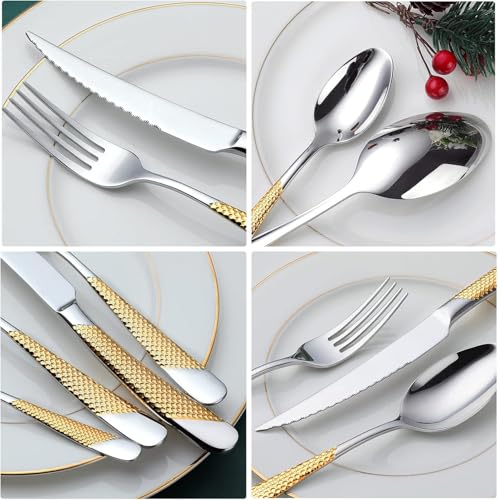 Image of Sterling Silver with Gold Handle French Style Sterling Silverware Set | 5-Piece Hammered Flatware Set | Stainless Steel Cutlery Set | Perfect for Home, Restaurant & Luxury Gifting