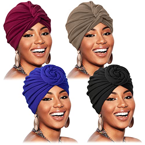 YSense 4 Stücke Turban für Damen Afrikanischer Turban Kopfbedeckung Vorgebundene Mode Plissee Turban Mütze Damen Chemo Kopfbedeckung Hut Cover