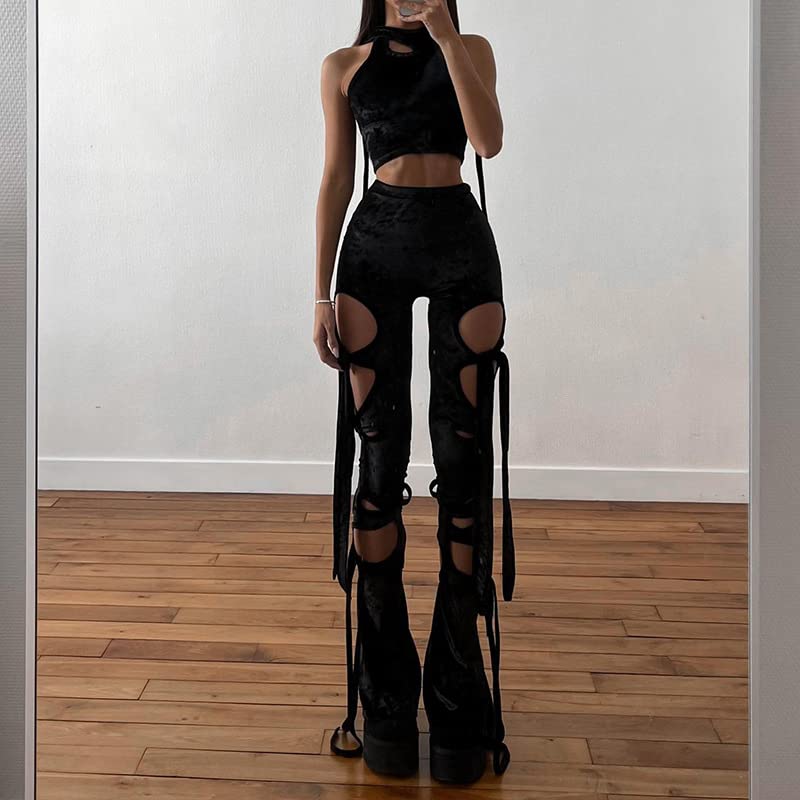 heyheyshine Women's Y2K high waist hollowed out velvet straight leg pants with pants women2