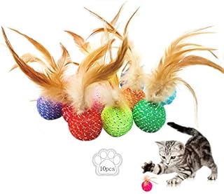 JpGdn 10Pcs Interactive Cat Toys Ball with Feather Foam Bells Colorful Kitten Toy Balls for Small Dogs Puppies Cats Quiet Indoor Outdoor Throw Entertaining Playing Activity Chase Training Chewing