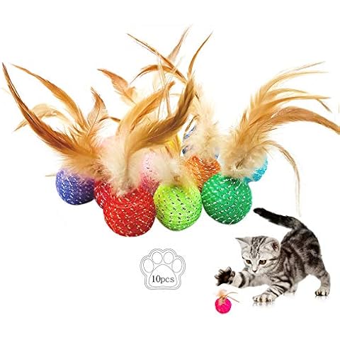 JpGdn 10Pcs Cat Colorful Rainbow Toys Flutter Balls with Feather and Bells for Indoor Ourdoor Kitty Kitten Interactive Playing Chewing Training Chasing Hunting and Exercise Cover